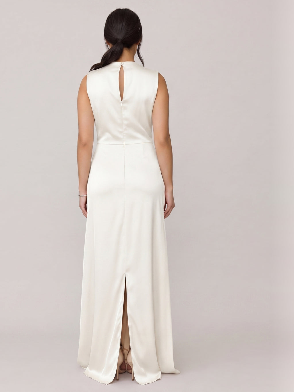 Modest Ivory Satin Sheath Scoop Neck Back Zip Ankle-Length Bridesmaid Dress
