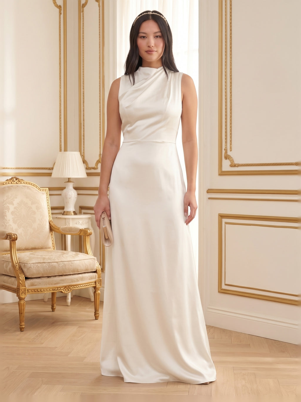 Modest Ivory Satin Sheath Scoop Neck Back Zip Ankle-Length Bridesmaid Dress