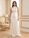 Modest Ivory Satin Sheath Scoop Neck Back Zip Ankle-Length Bridesmaid Dress