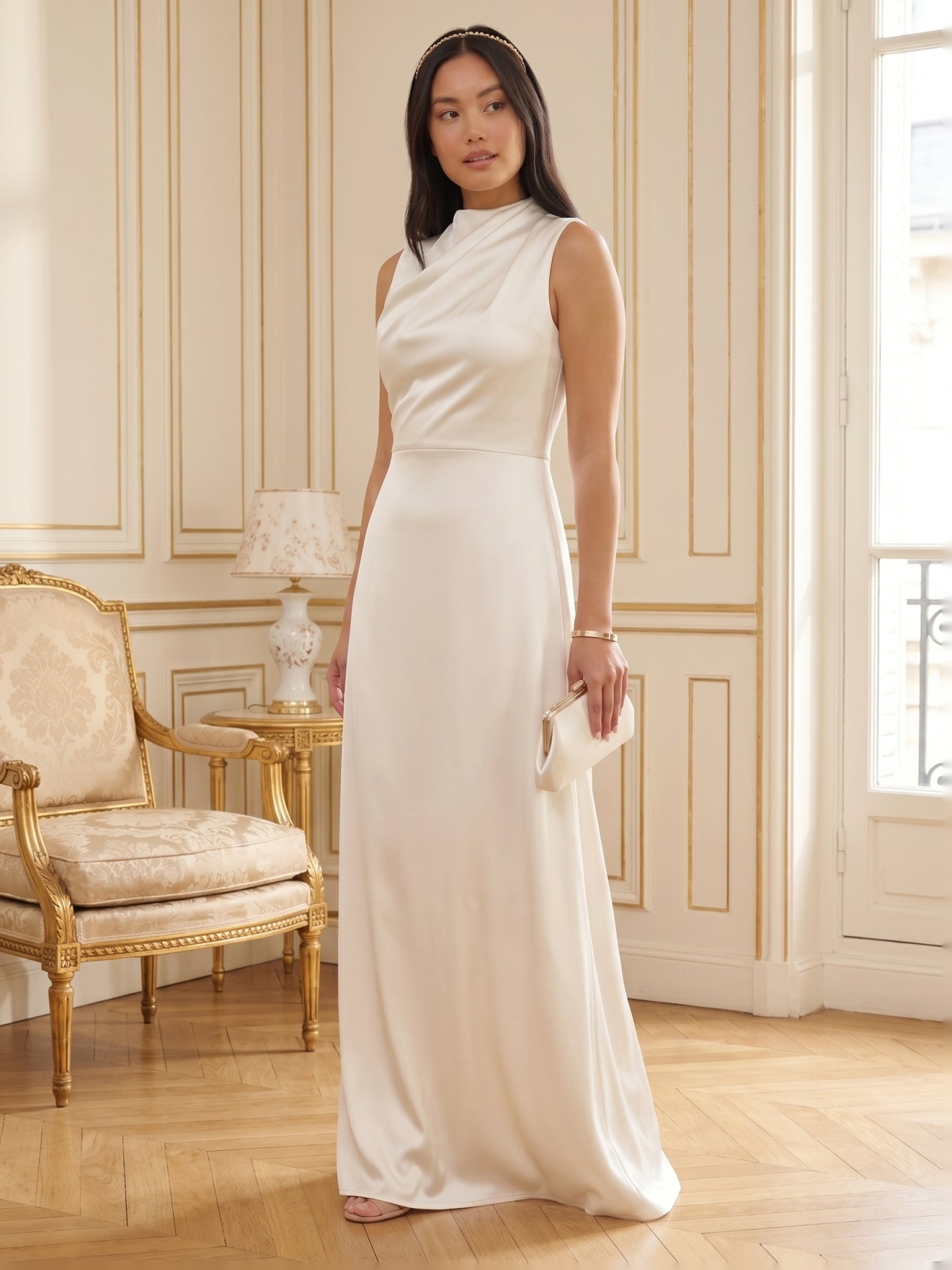 Modest Ivory Satin Sheath Scoop Neck Back Zip Ankle-Length Bridesmaid Dress