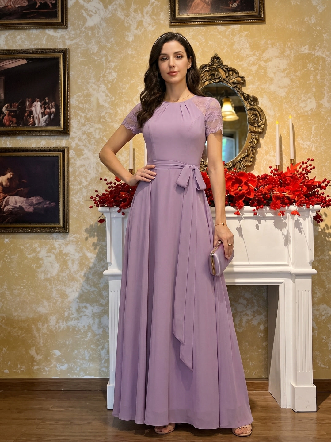 Modest Lavender Chiffon A-Line Scoop Neck Back Zip with Beaded Details Ankle-Length Bridesmaid Dress