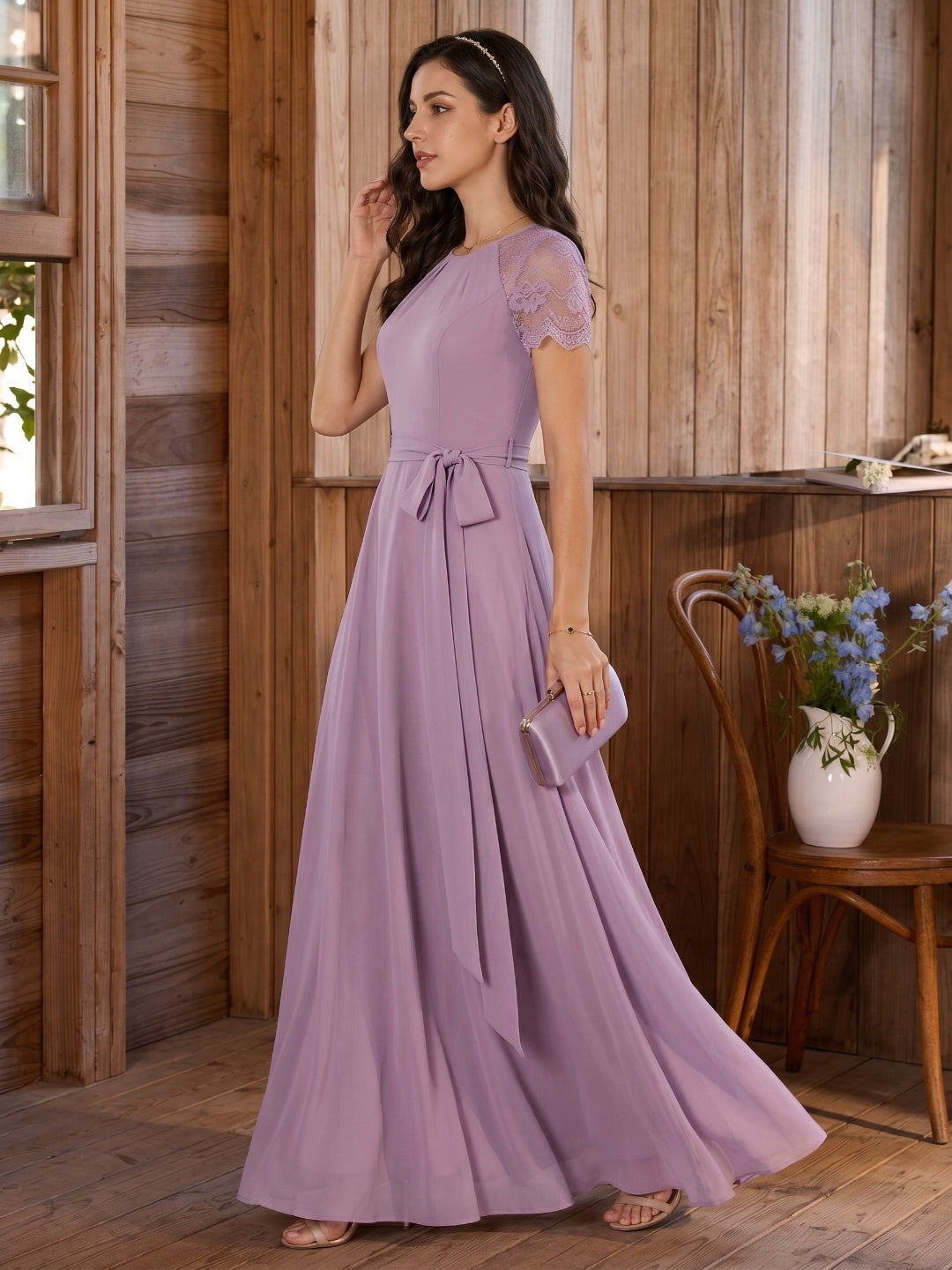 Modest Lavender Chiffon A-Line Scoop Neck Back Zip with Beaded Details Ankle-Length Bridesmaid Dress