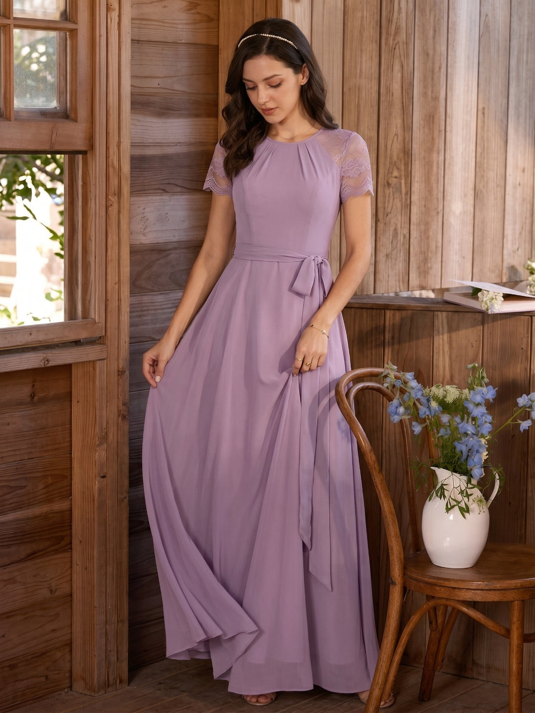 Modest Lavender Chiffon A-Line Scoop Neck Back Zip with Beaded Details Ankle-Length Bridesmaid Dress