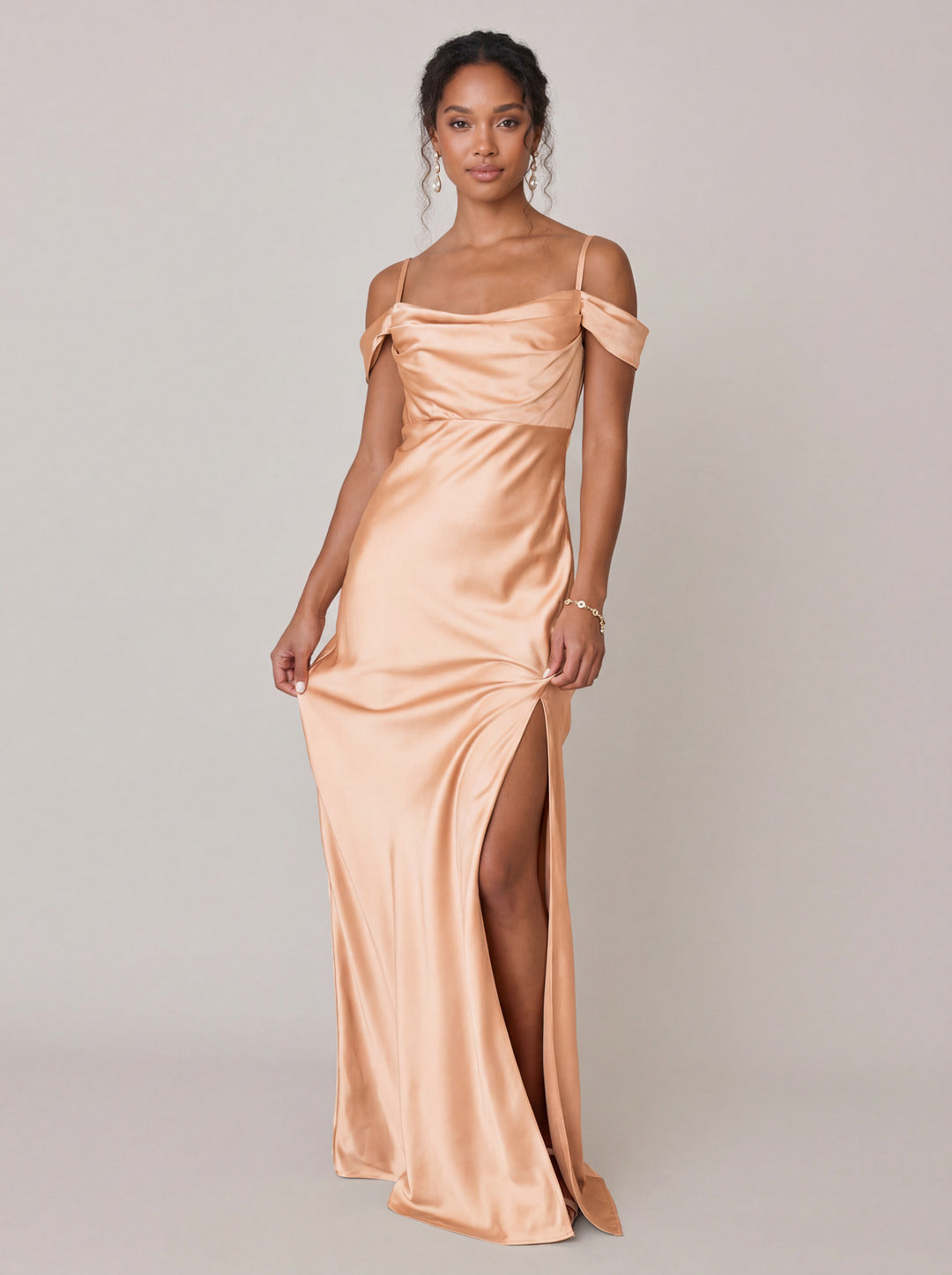 Modest Gold Satin A-Line Straight Neck Backless Ankle-Length Bridesmaid Dress