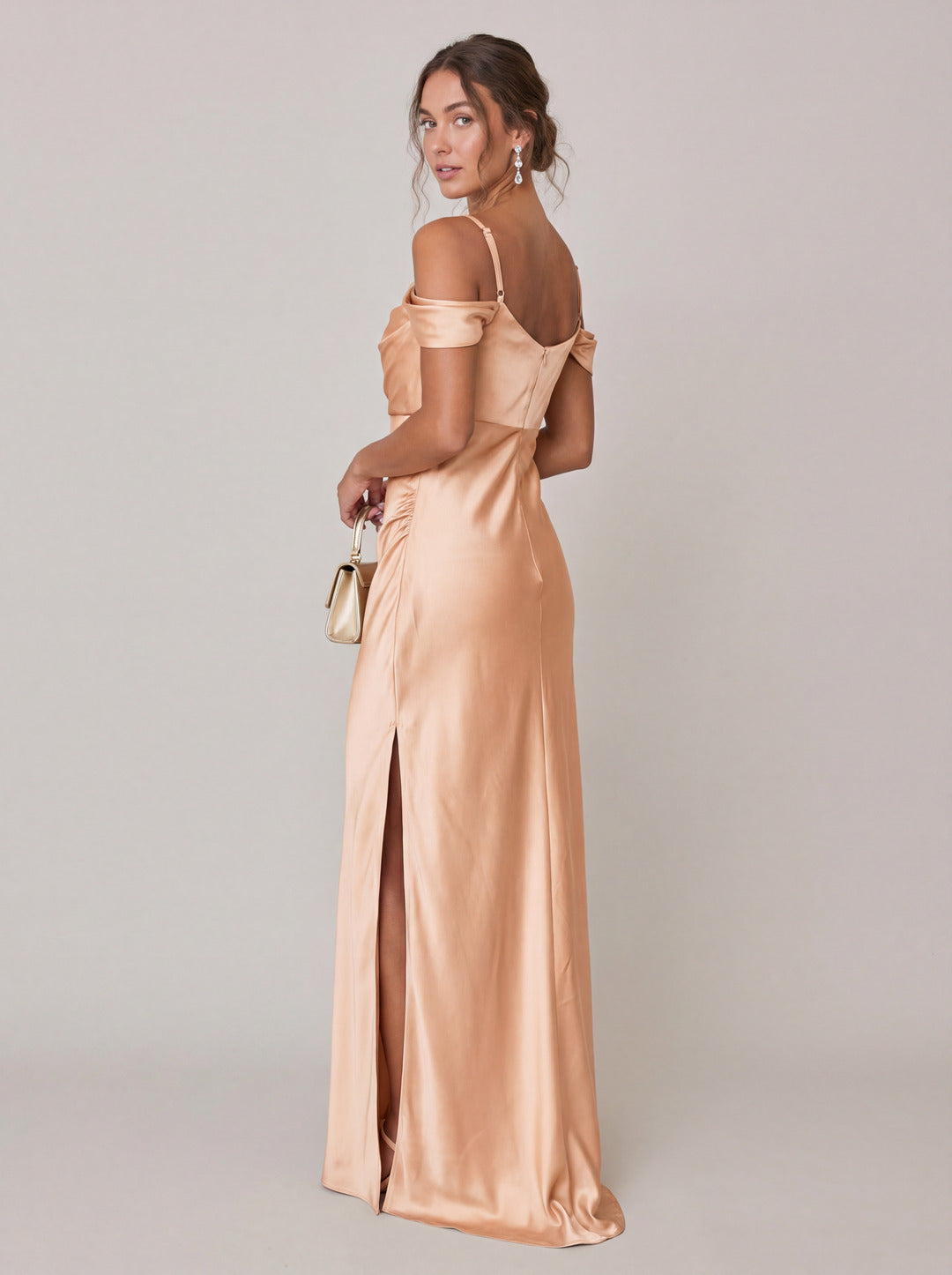Modest Gold Satin A-Line Straight Neck Backless Ankle-Length Bridesmaid Dress