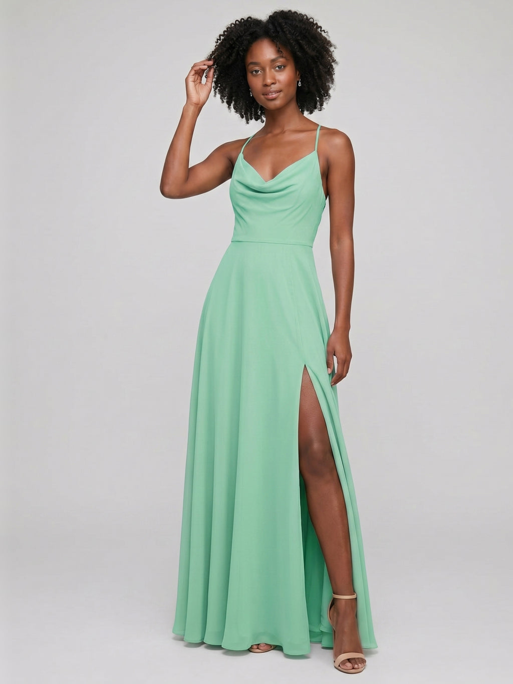 Modest Mint Green Chiffon A-Line Cowl Neck Criss-Cross Straps Ankle-Length Bridesmaid Dress