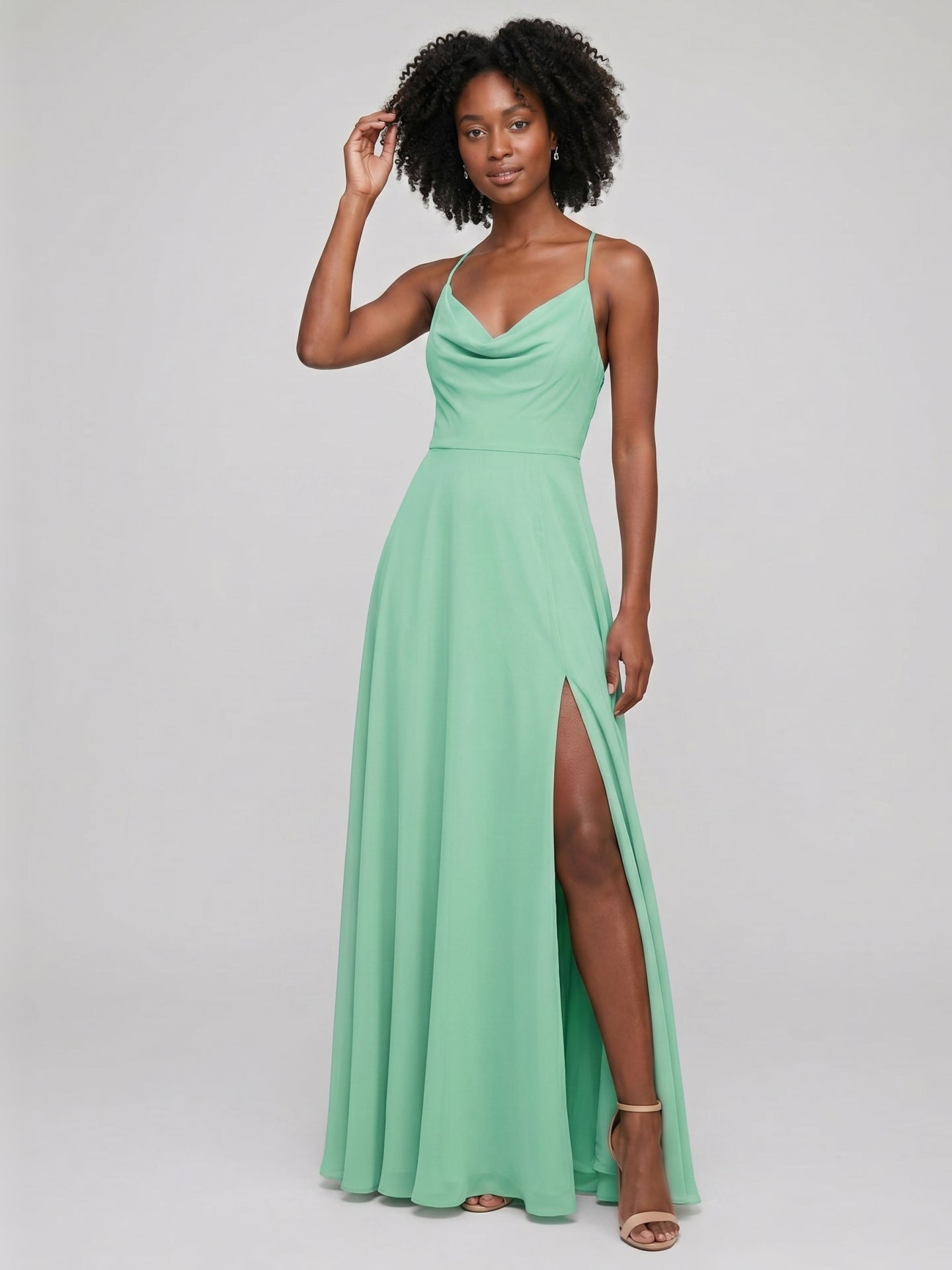 Modest Mint Green Chiffon A-Line Cowl Neck Criss-Cross Straps Ankle-Length Bridesmaid Dress