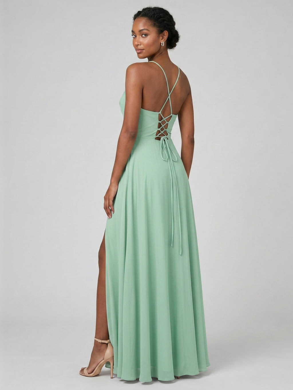 Modest Mint Green Chiffon A-Line Cowl Neck Criss-Cross Straps Ankle-Length Bridesmaid Dress
