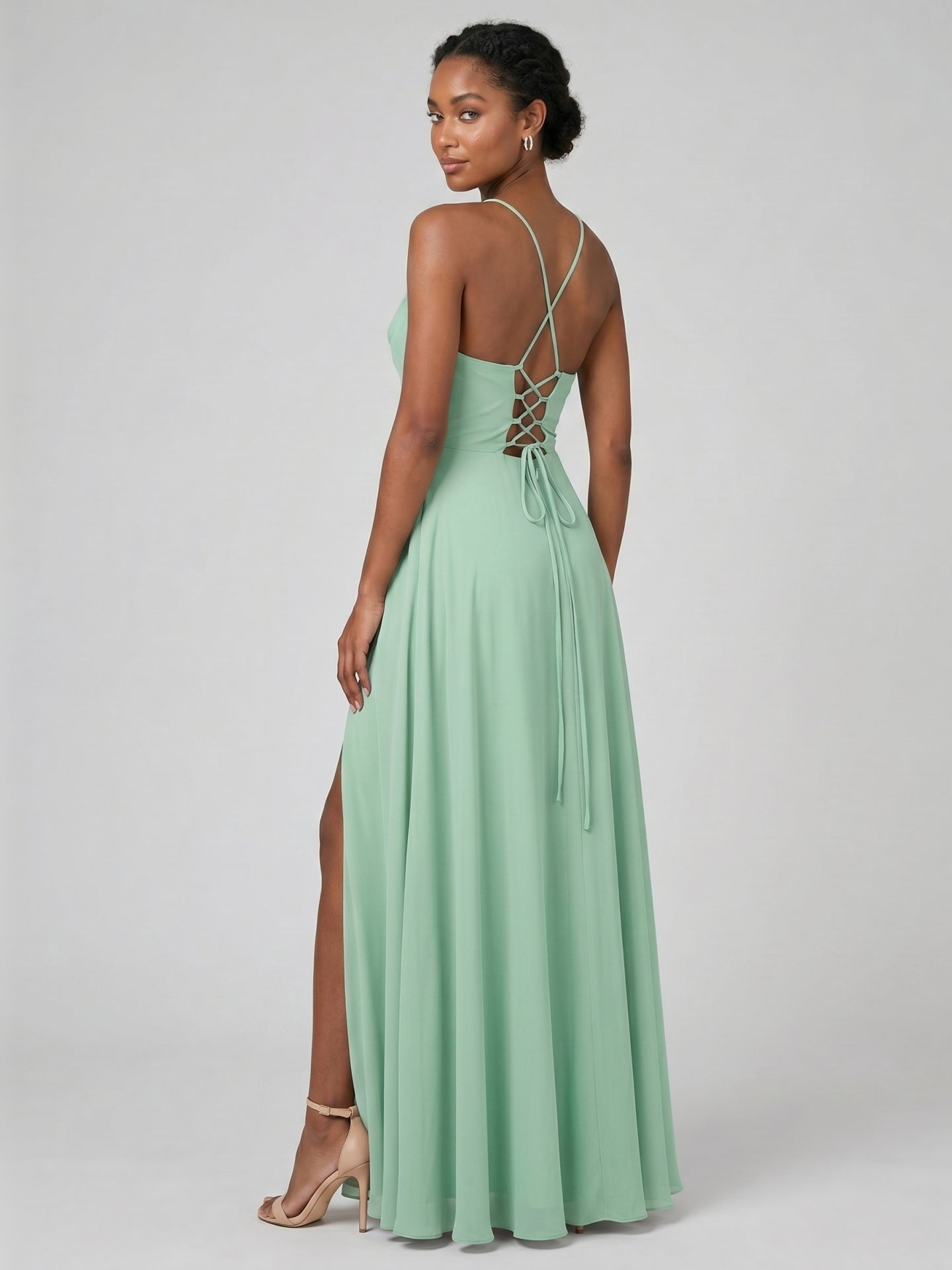 Modest Mint Green Chiffon A-Line Cowl Neck Criss-Cross Straps Ankle-Length Bridesmaid Dress