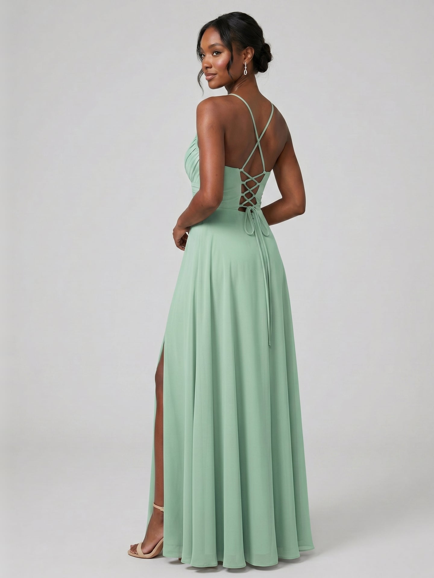 Modest Mint Green Chiffon A-Line Cowl Neck Criss-Cross Straps Ankle-Length Bridesmaid Dress
