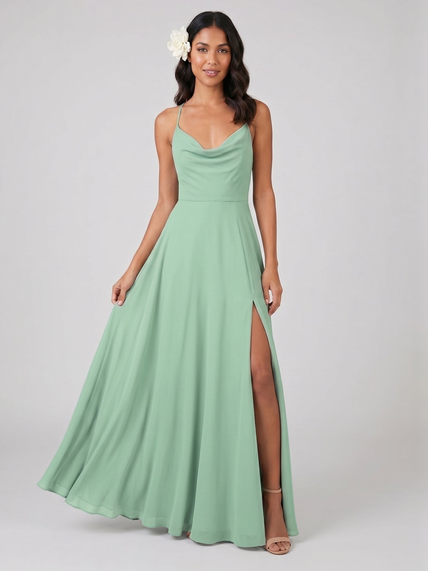 Modest Mint Green Chiffon A-Line Cowl Neck Criss-Cross Straps Ankle-Length Bridesmaid Dress