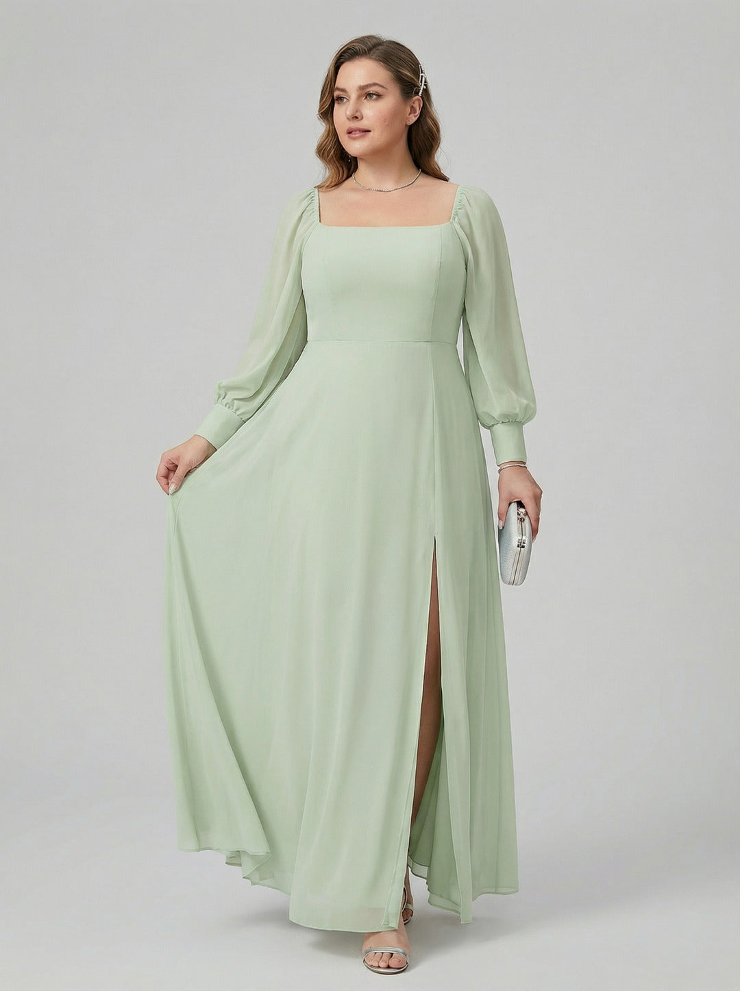 Modest Mint Green Chiffon A-Line Square Neck Back Zip Ankle-Length Bridesmaid Dress