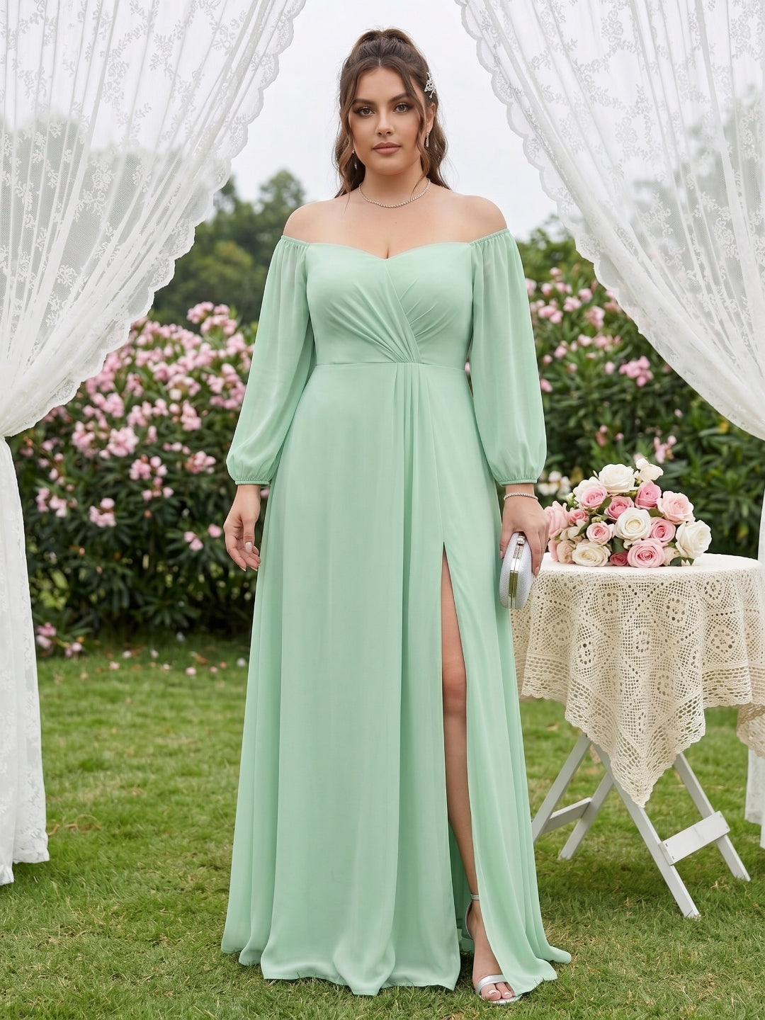 Modest Mint Green Chiffon A-Line Square Neck Back Zip Ankle-Length Bridesmaid Dress