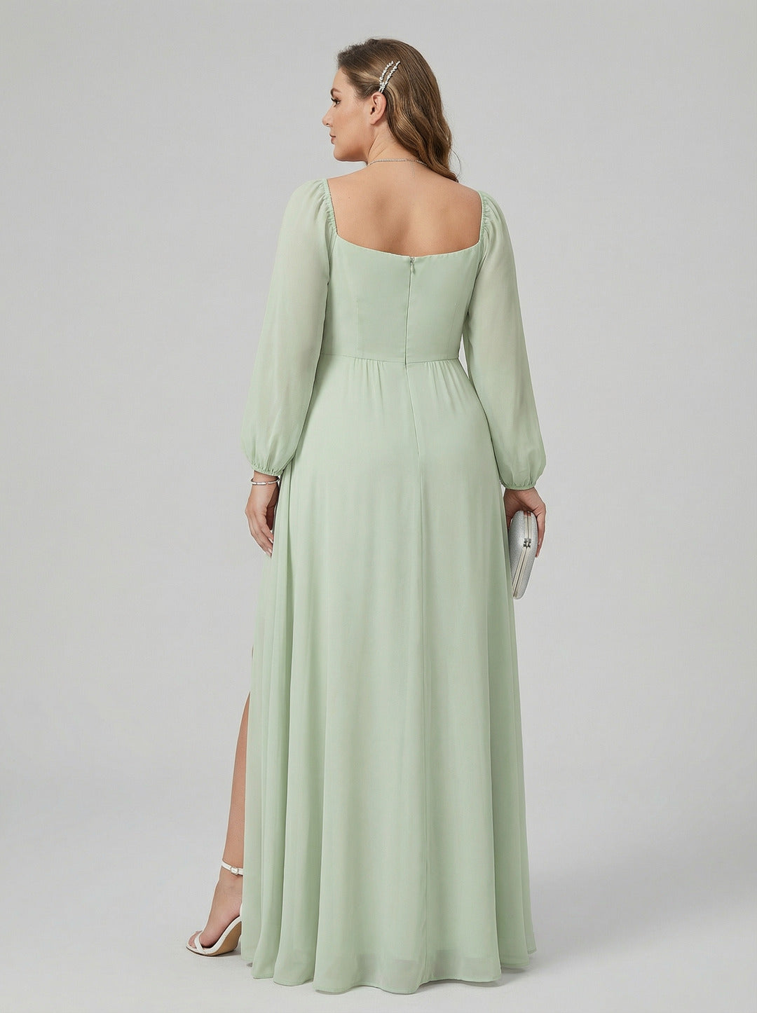 Modest Mint Green Chiffon A-Line Square Neck Back Zip Ankle-Length Bridesmaid Dress