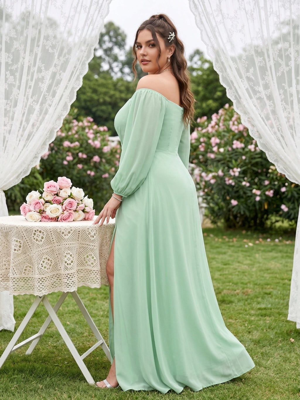 Modest Mint Green Chiffon A-Line Square Neck Back Zip Ankle-Length Bridesmaid Dress