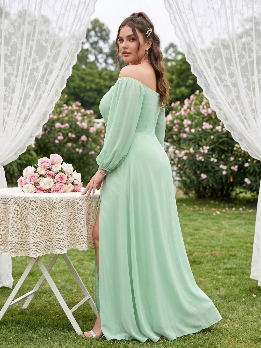 Modest Mint Green Chiffon A-Line Square Neck Back Zip Ankle-Length Bridesmaid Dress