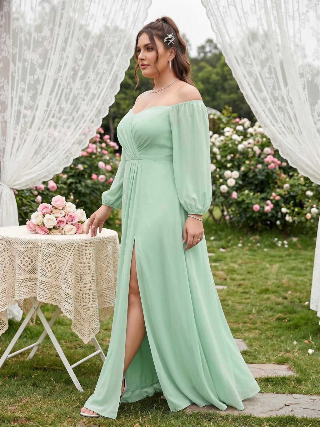 Modest Mint Green Chiffon A-Line Square Neck Back Zip Ankle-Length Bridesmaid Dress