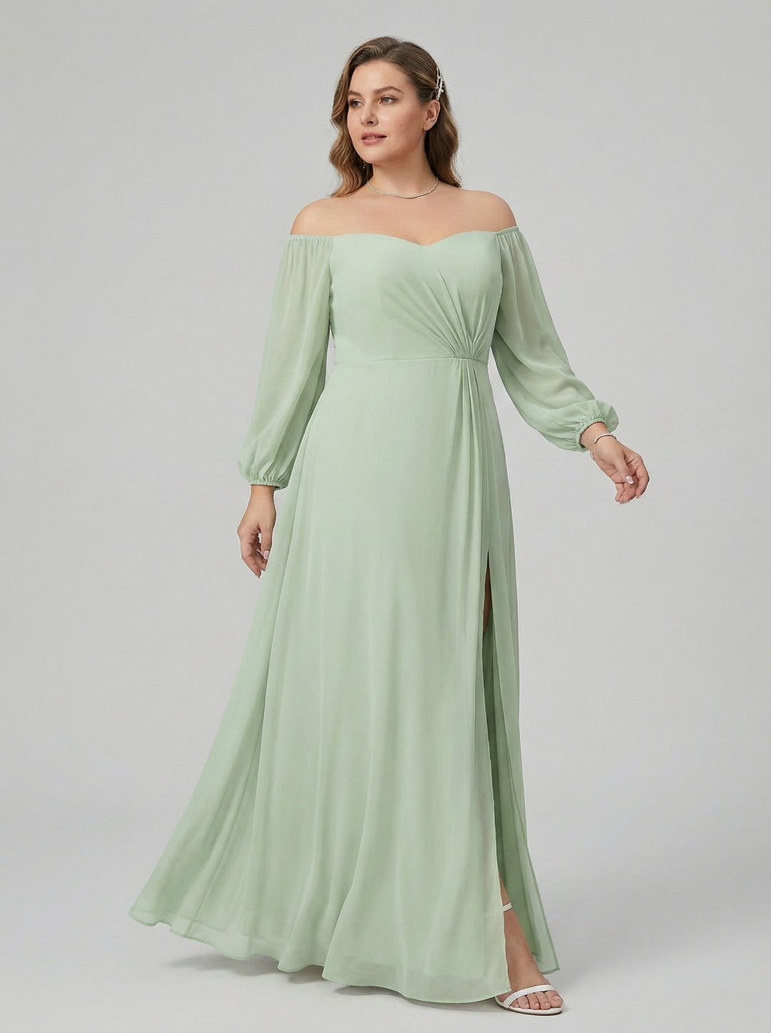 Modest Mint Green Chiffon A-Line Square Neck Back Zip Ankle-Length Bridesmaid Dress