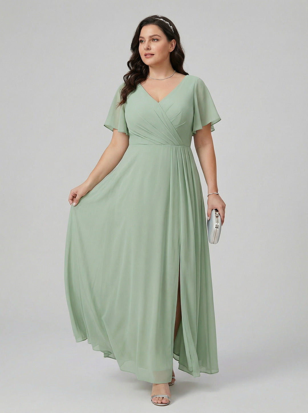 Modest Mint Green Chiffon A-Line V-Neck Back Zip Ankle-Length Plus Size Bridesmaid Dress