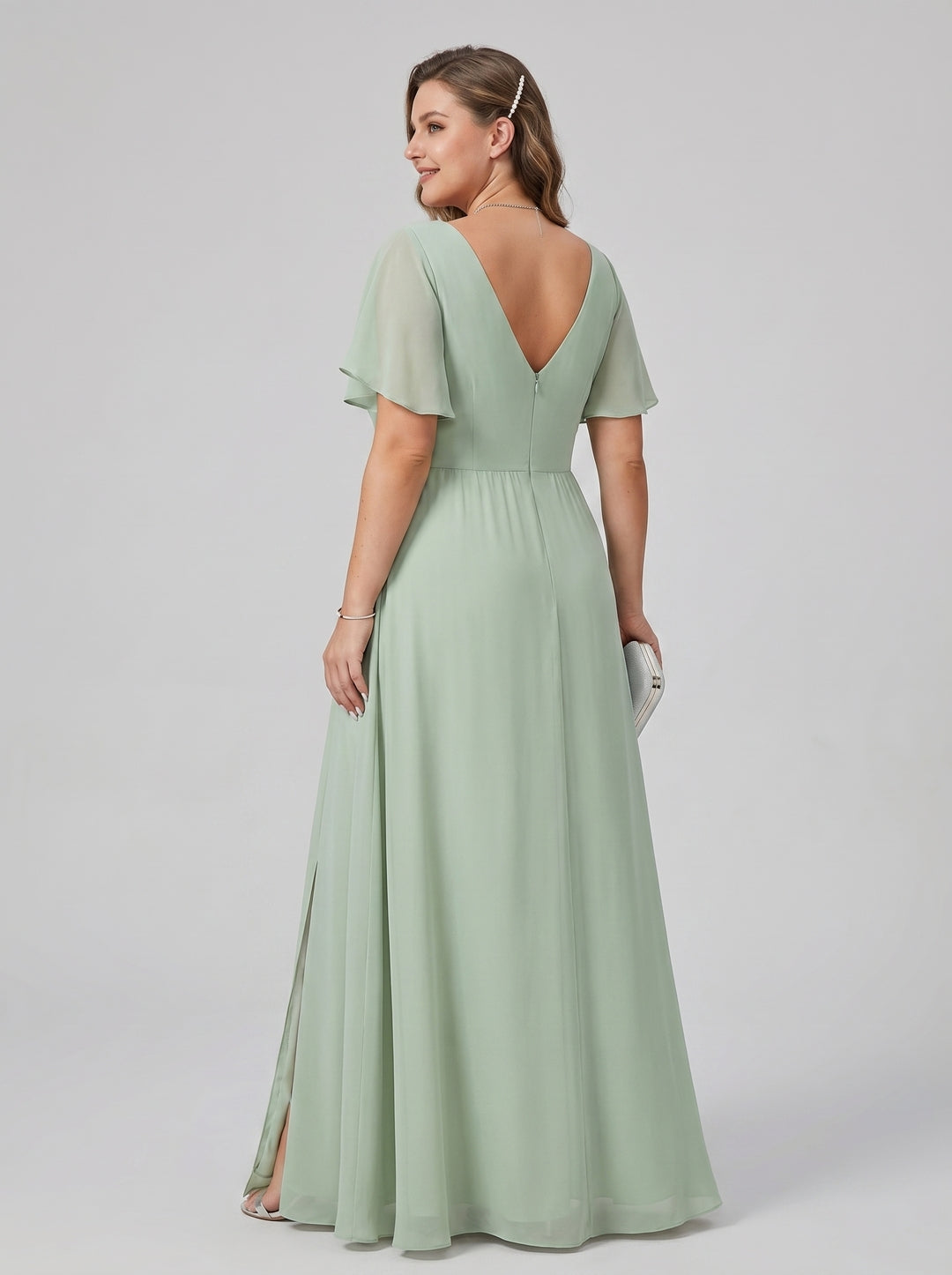 Modest Mint Green Chiffon A-Line V-Neck Back Zip Ankle-Length Plus Size Bridesmaid Dress