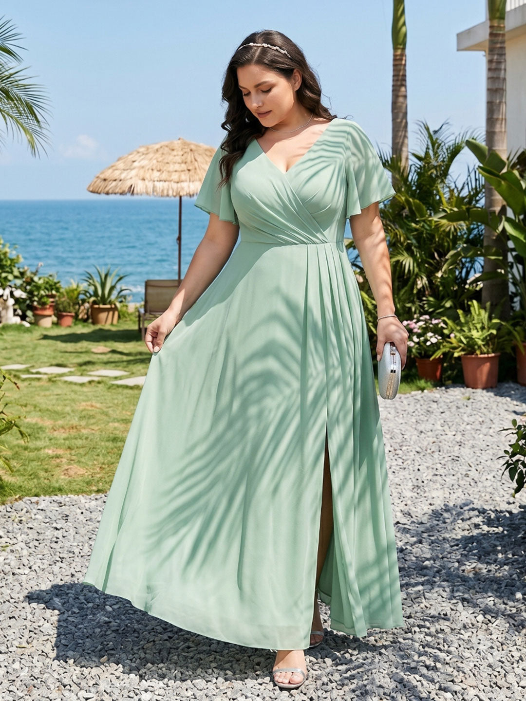 Modest Mint Green Chiffon A-Line V-Neck Back Zip Ankle-Length Plus Size Bridesmaid Dress