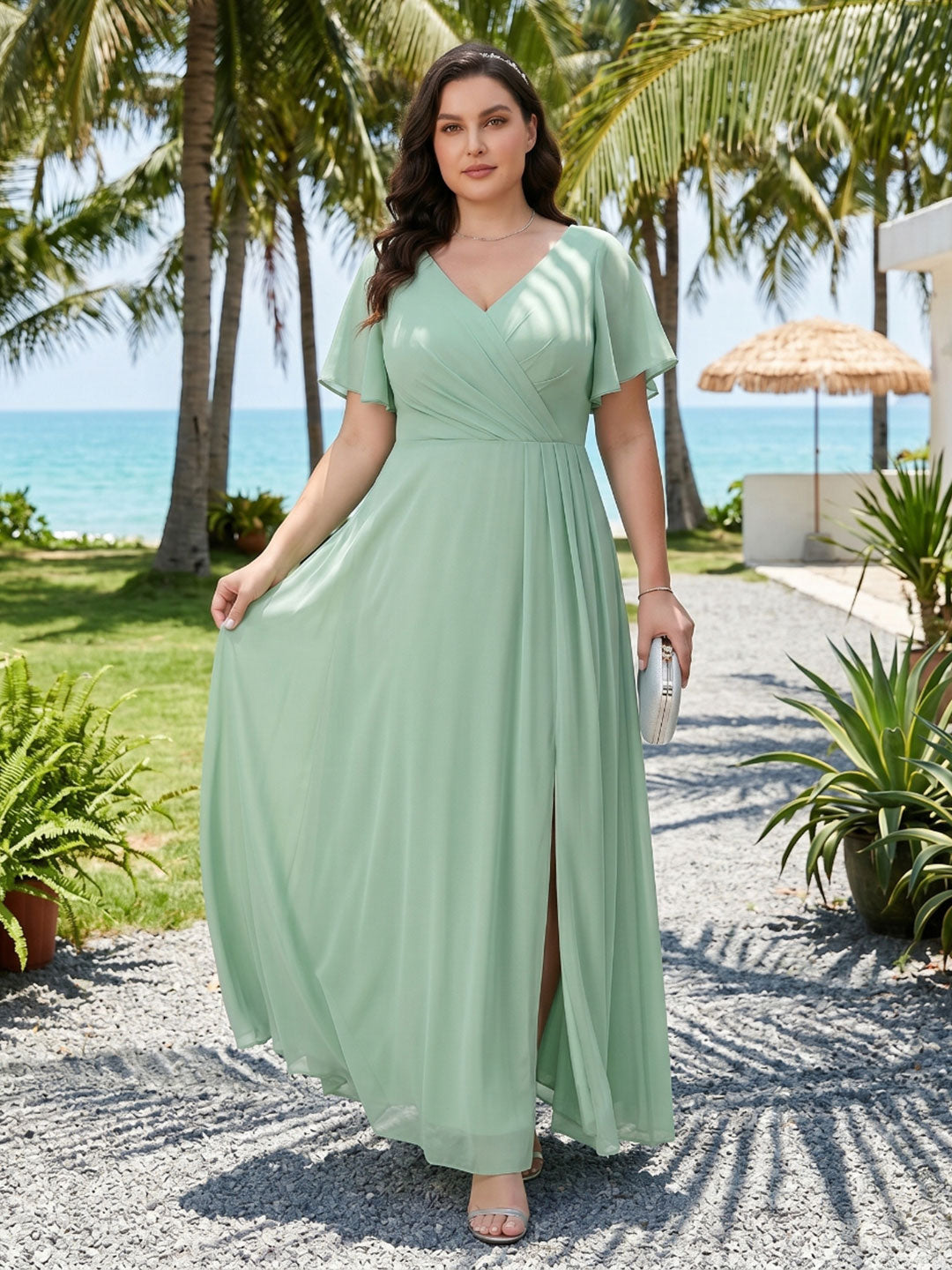 Modest Mint Green Chiffon A-Line V-Neck Back Zip Ankle-Length Plus Size Bridesmaid Dress
