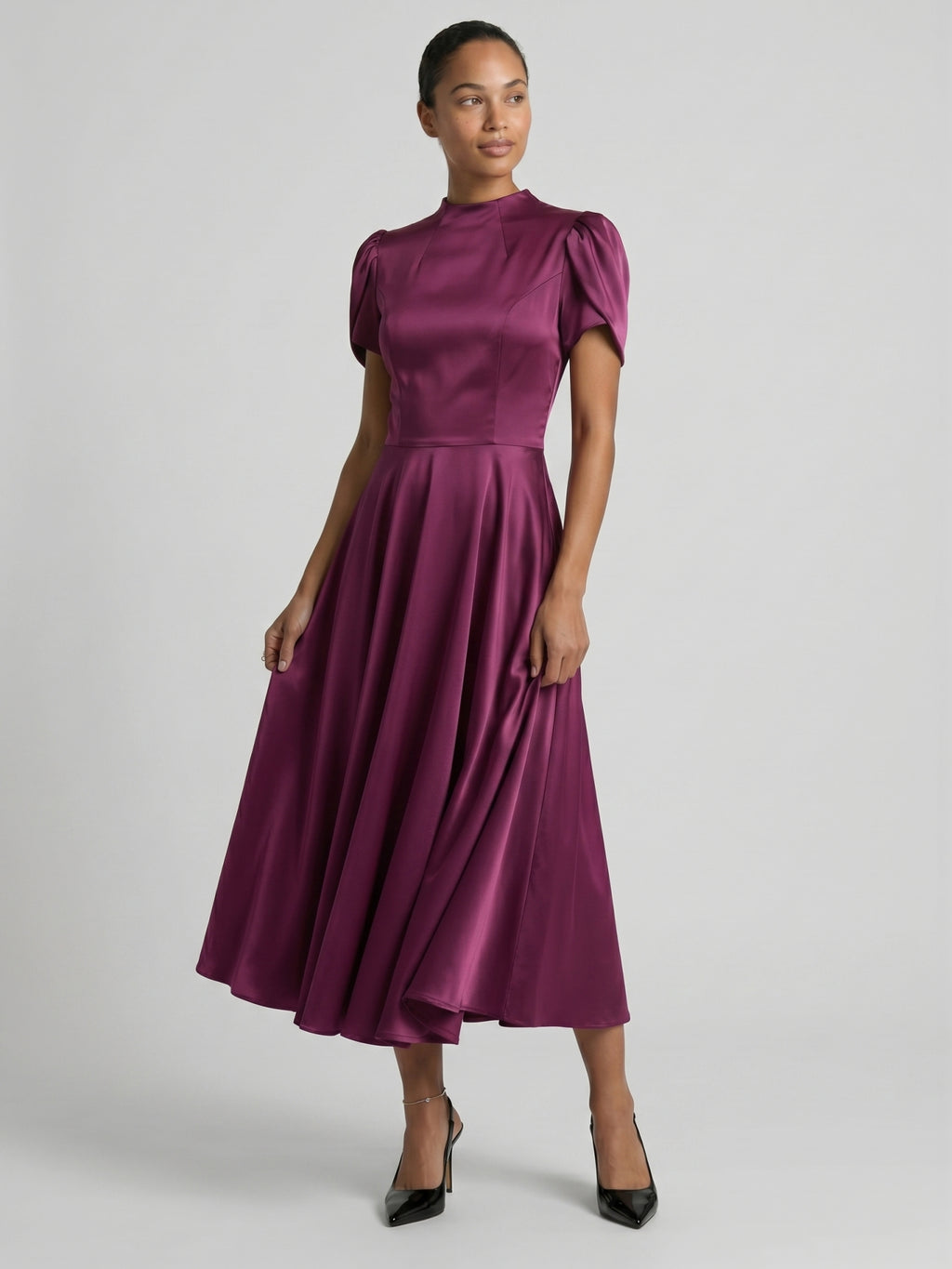 Modest Mulberry Satin A-Line Scoop Neck Back Zip Tea-Length Bridesmaid Dress