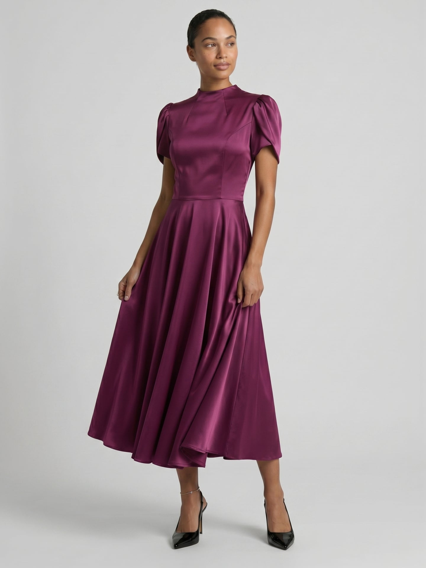 Modest Mulberry Satin A-Line Scoop Neck Back Zip Tea-Length Bridesmaid Dress