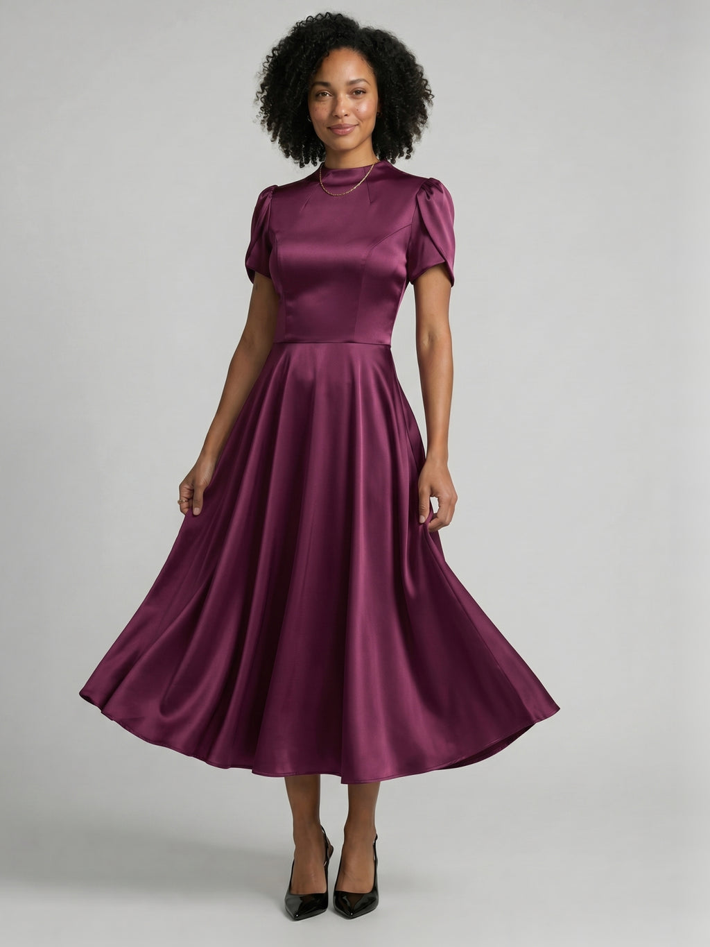 Modest Mulberry Satin A-Line Scoop Neck Back Zip Tea-Length Bridesmaid Dress