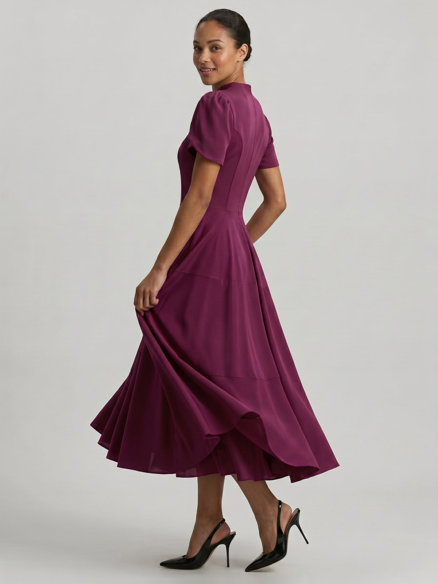 Modest Mulberry Satin A-Line Scoop Neck Back Zip Tea-Length Bridesmaid Dress