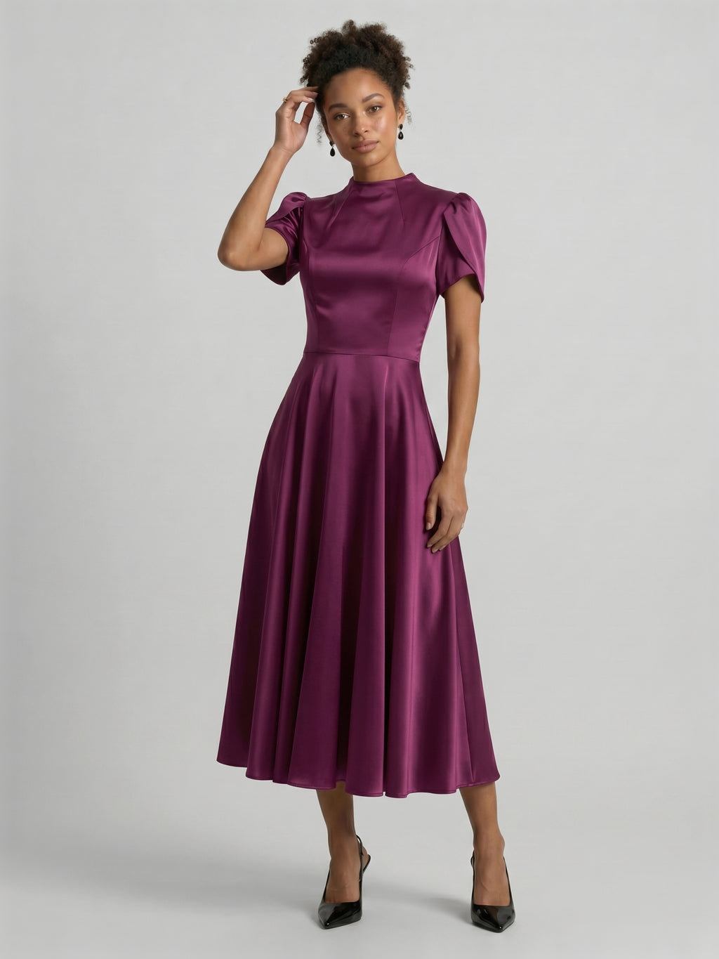 Modest Mulberry Satin A-Line Scoop Neck Back Zip Tea-Length Bridesmaid Dress
