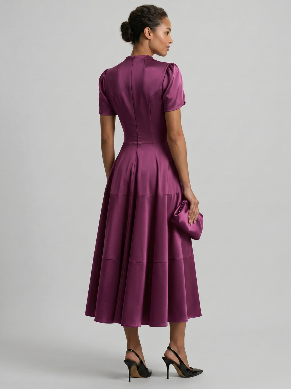Modest Mulberry Satin A-Line Scoop Neck Back Zip Tea-Length Bridesmaid Dress