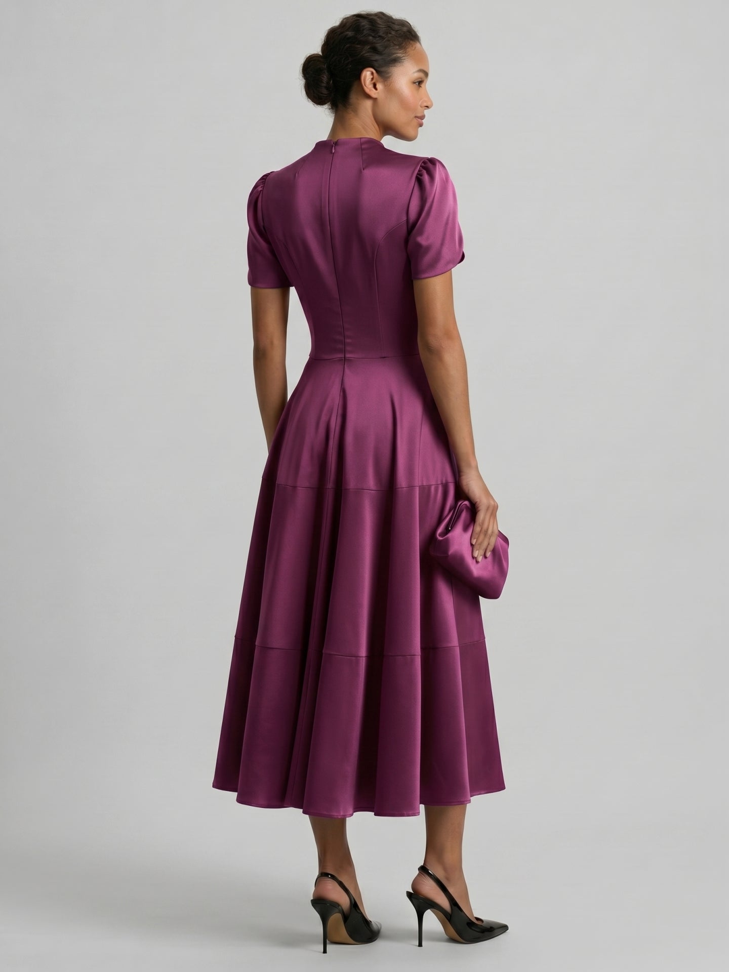 Modest Mulberry Satin A-Line Scoop Neck Back Zip Tea-Length Bridesmaid Dress