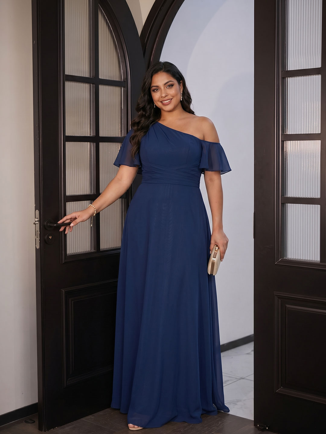 Modest Navy Blue Chiffon A-Line One Shoulder Back Zip with nan Ankle-Length Plus Size Bridesmaid Dress