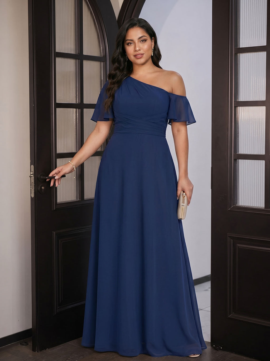 Modest Navy Blue Chiffon A-Line One Shoulder Back Zip with nan Ankle-Length Plus Size Bridesmaid Dress