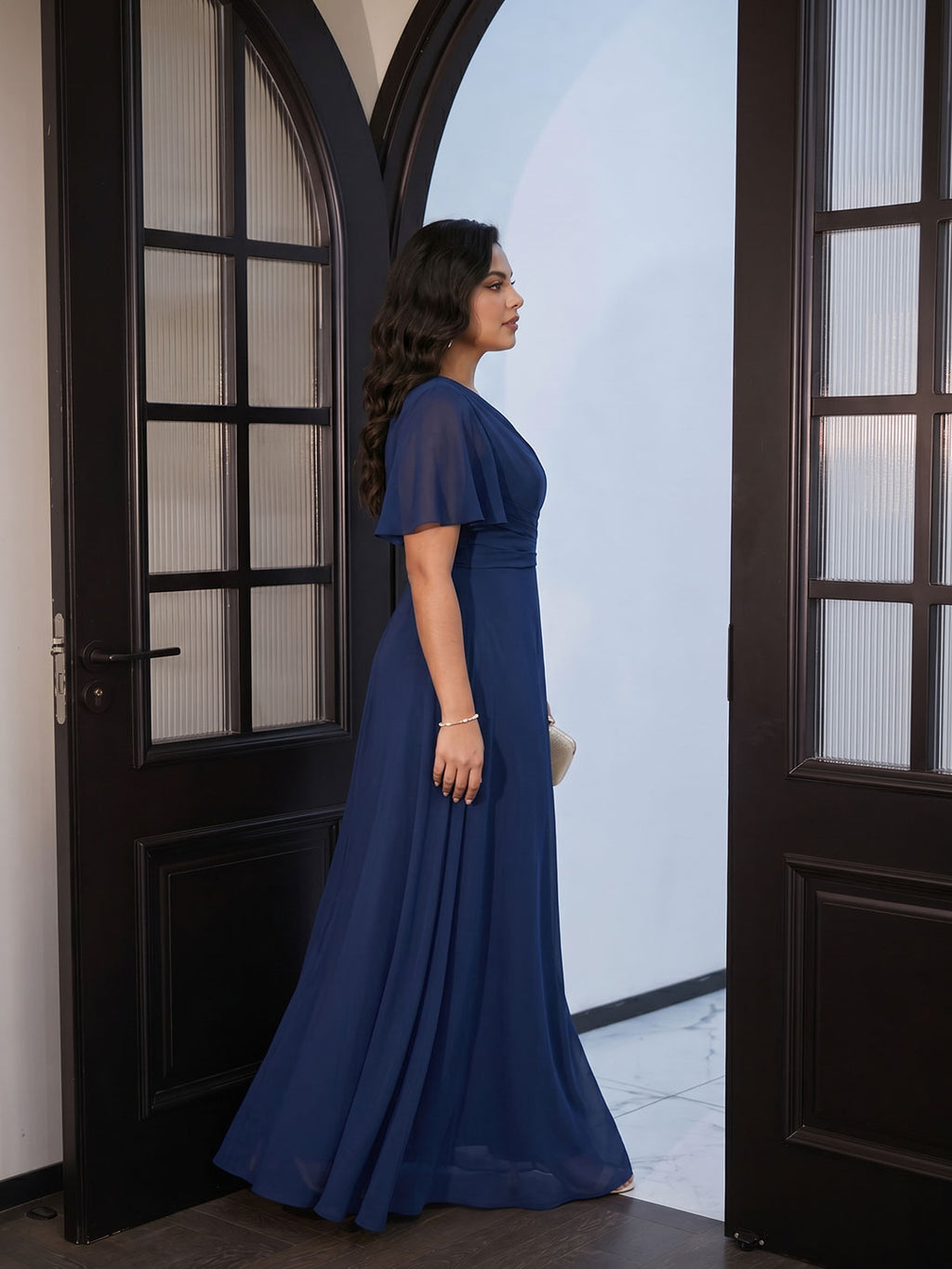 Modest Navy Blue Chiffon A-Line One Shoulder Back Zip with nan Ankle-Length Plus Size Bridesmaid Dress