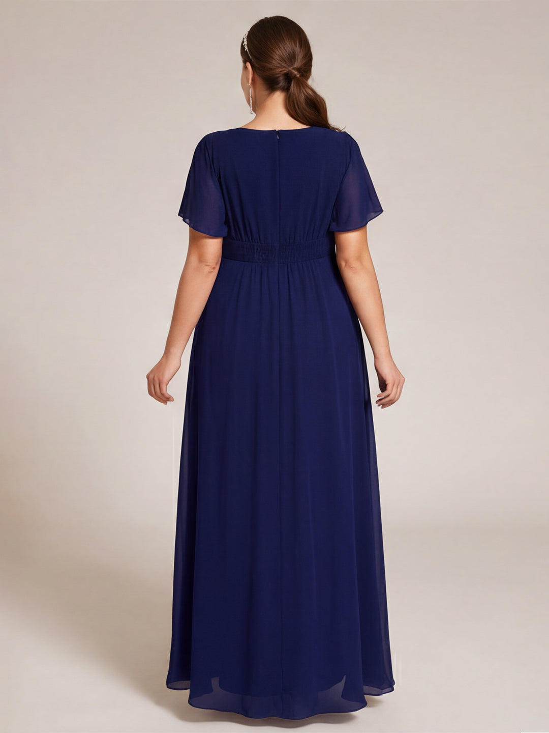 Modest Navy Blue Chiffon A-Line Scoop Neck Back Zip Asymmetrical Plus Size Length Bridesmaid Dress
