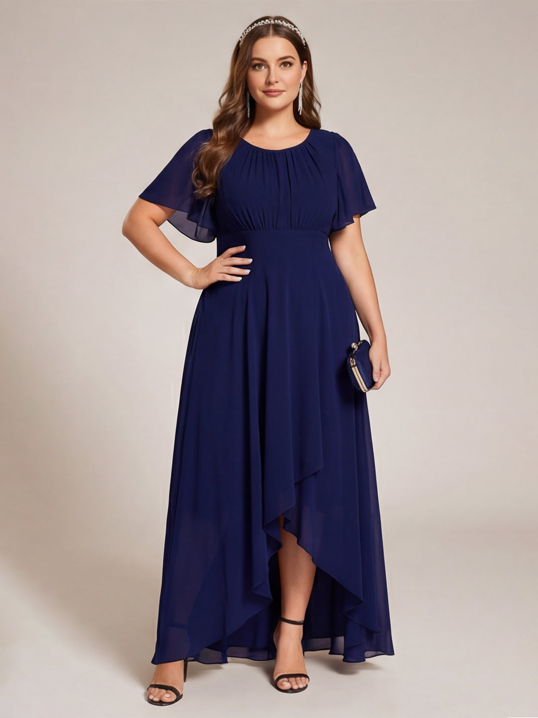 Modest Navy Blue Chiffon A-Line Scoop Neck Back Zip Asymmetrical Plus Size Length Bridesmaid Dress