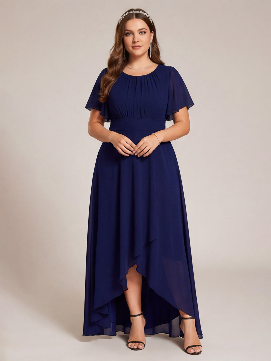 Modest Navy Blue Chiffon A-Line Scoop Neck Back Zip Asymmetrical Plus Size Length Bridesmaid Dress