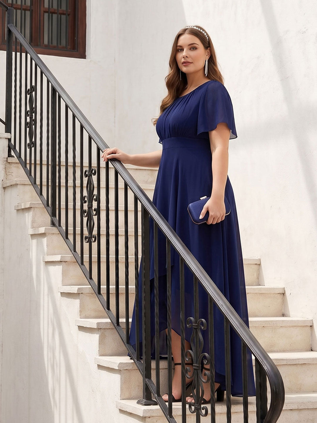 Modest Navy Blue Chiffon A-Line Scoop Neck Back Zip Asymmetrical Plus Size Length Bridesmaid Dress