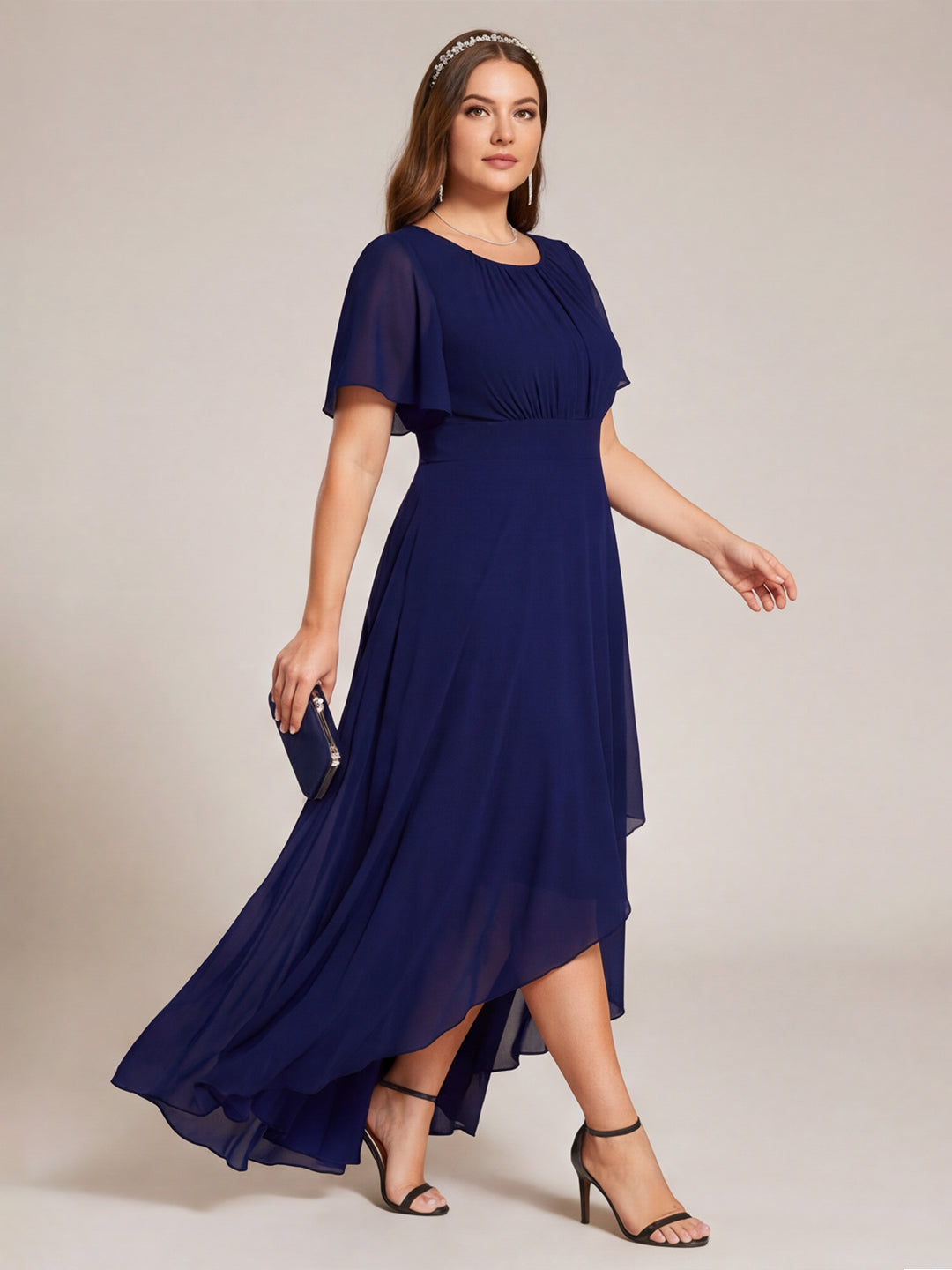 Modest Navy Blue Chiffon A-Line Scoop Neck Back Zip Asymmetrical Plus Size Length Bridesmaid Dress