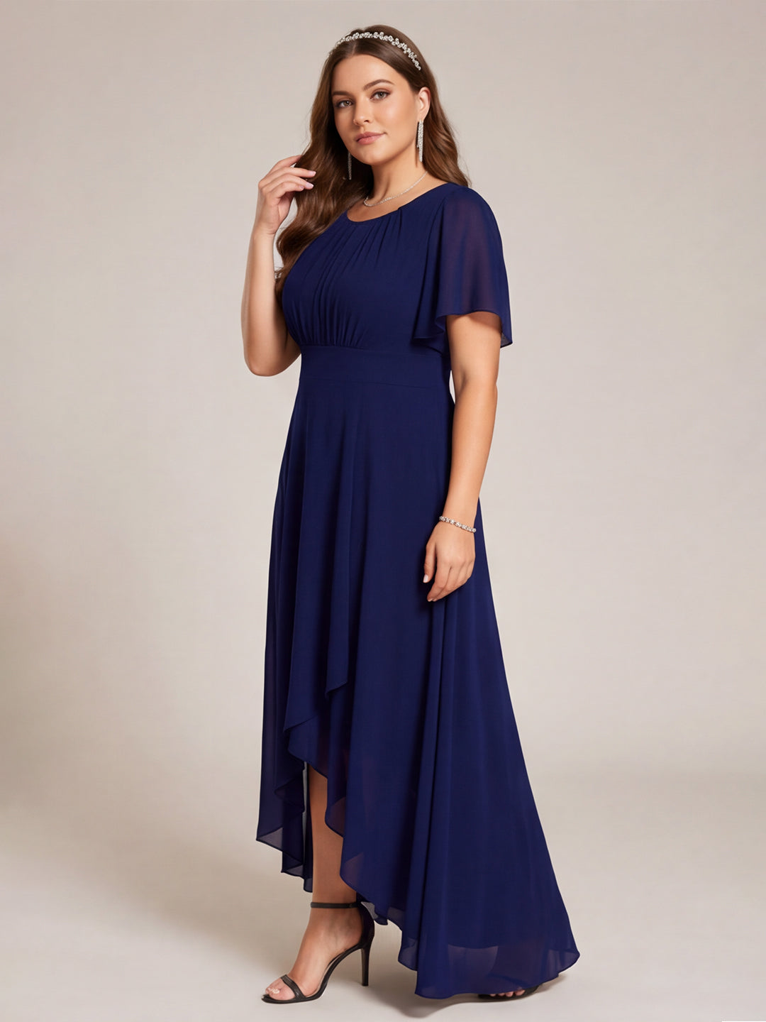 Modest Navy Blue Chiffon A-Line Scoop Neck Back Zip Asymmetrical Plus Size Length Bridesmaid Dress