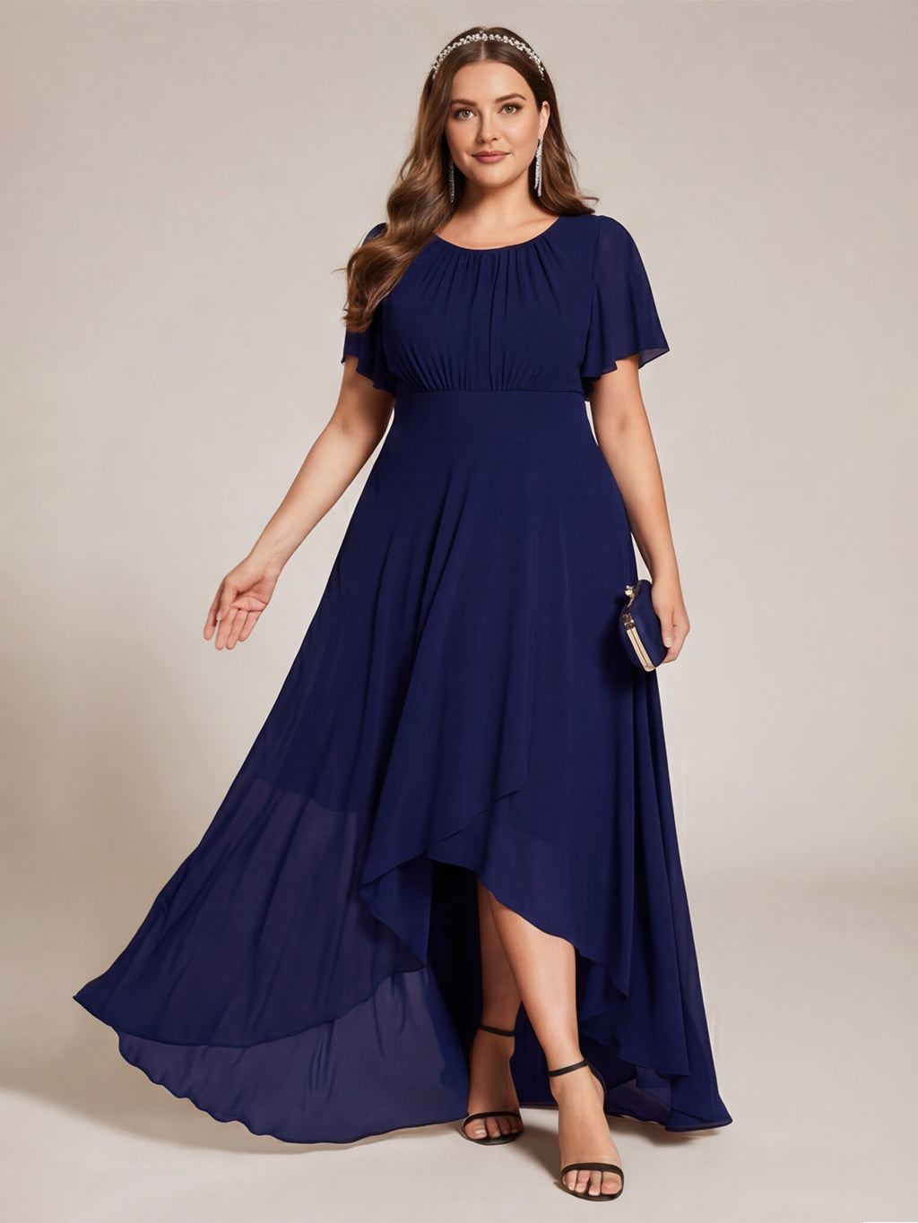 Modest Navy Blue Chiffon A-Line Scoop Neck Back Zip Asymmetrical Plus Size Length Bridesmaid Dress