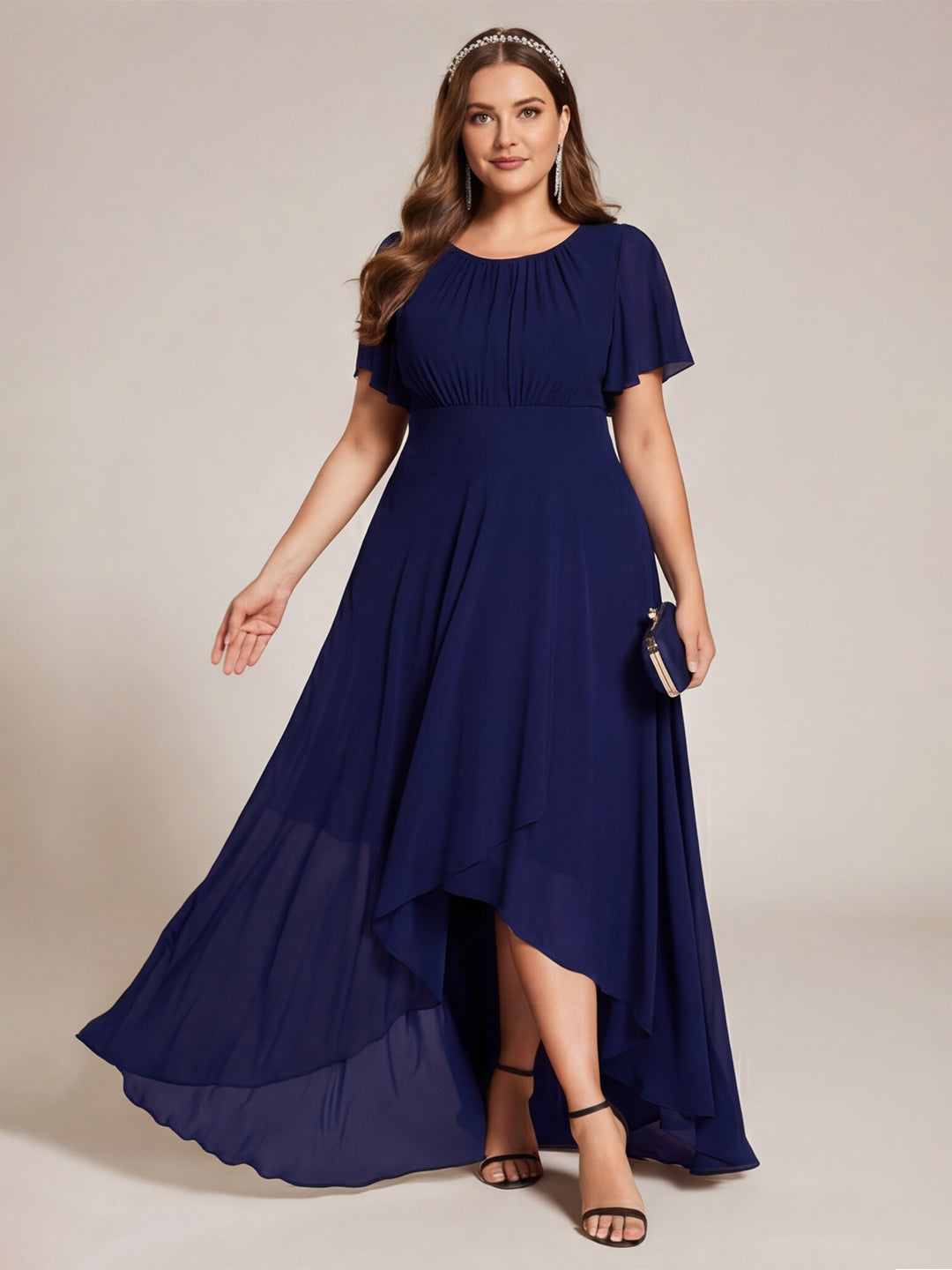 Modest Navy Blue Chiffon A-Line Scoop Neck Back Zip Asymmetrical Plus Size Length Bridesmaid Dress