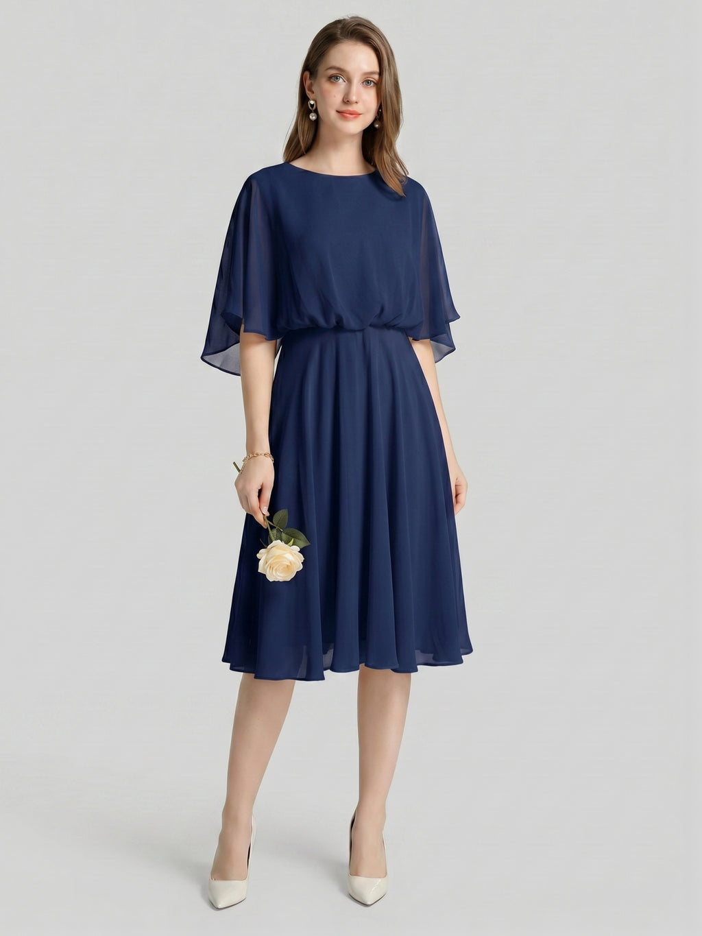 Modest Navy Blue Chiffon A-Line Scoop Neck Backless with Pleated Knee-Length Bridesmaid Dress