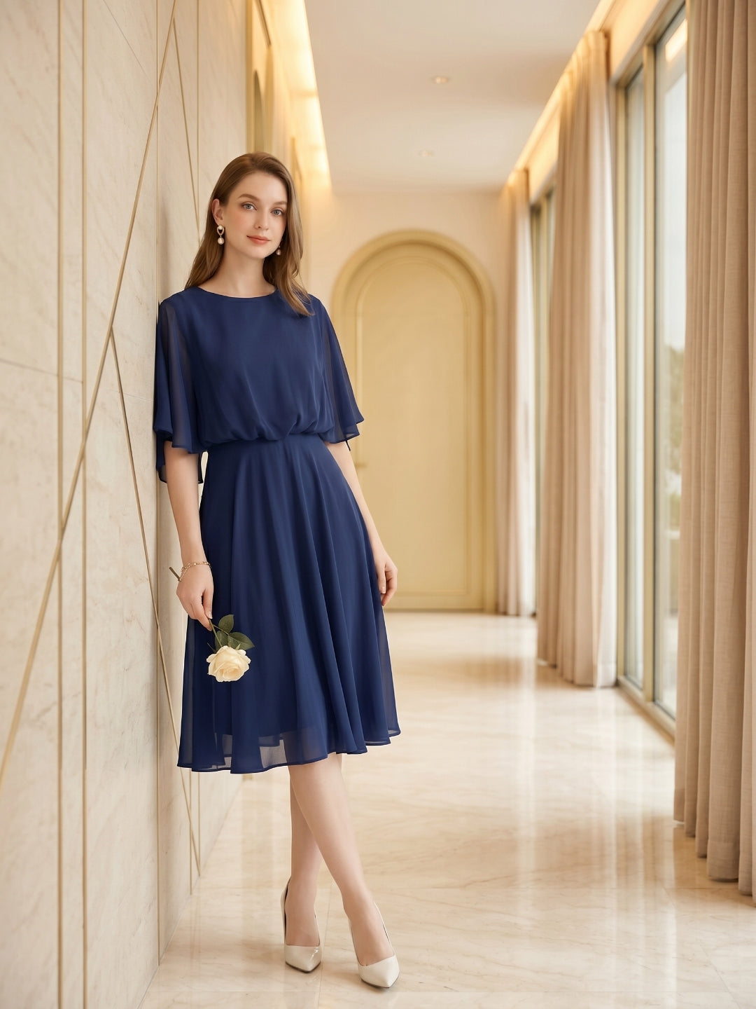 Modest Navy Blue Chiffon A-Line Scoop Neck Backless with Pleated Knee-Length Bridesmaid Dress