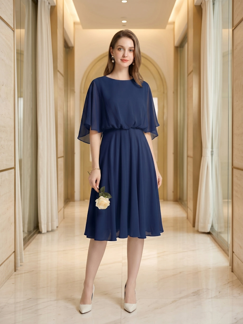 Modest Navy Blue Chiffon A-Line Scoop Neck Backless with Pleated Knee-Length Bridesmaid Dress