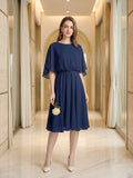 Modest Navy Blue Chiffon A-Line Scoop Neck Backless with Pleated Knee-Length Bridesmaid Dress