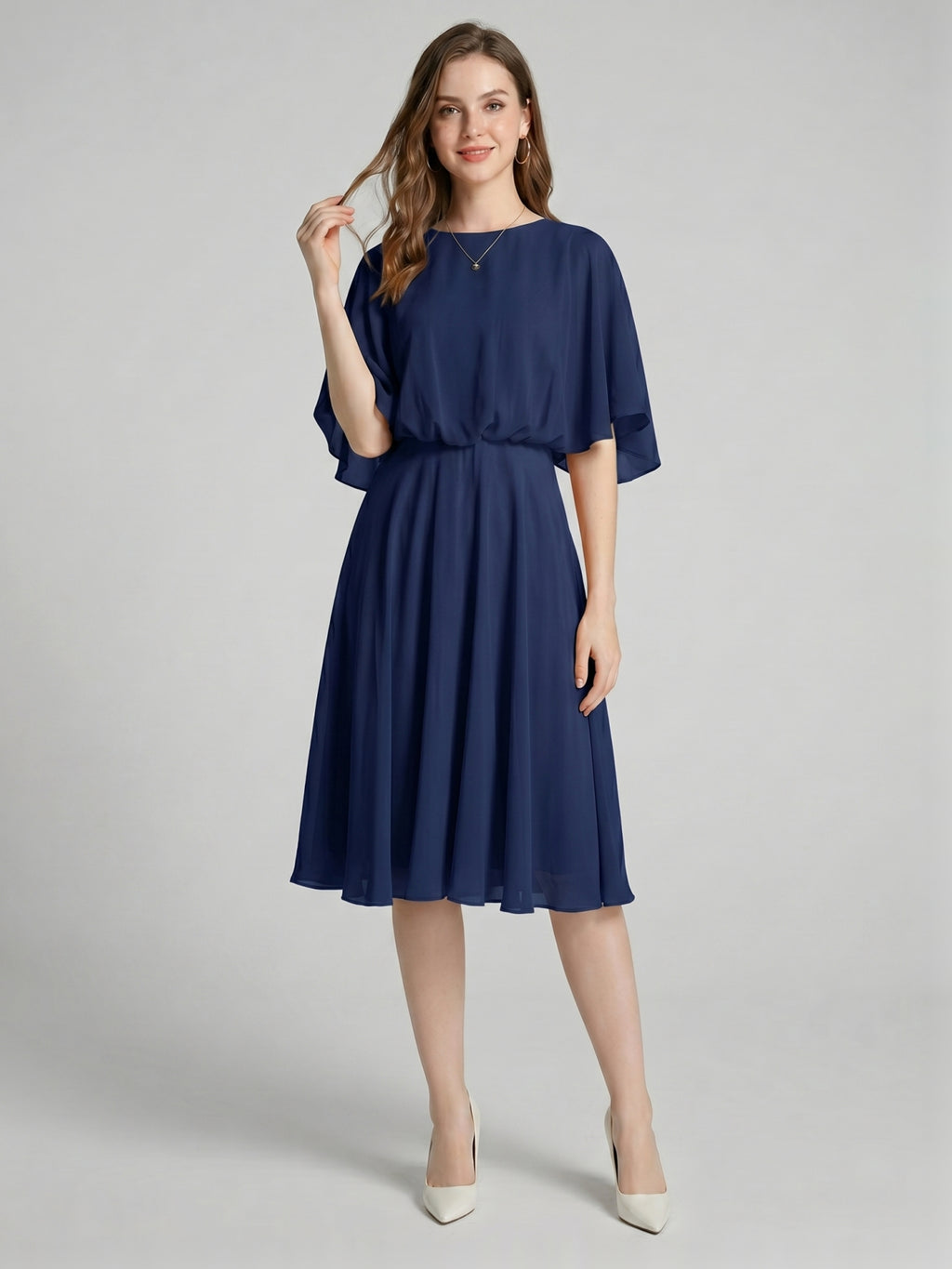 Modest Navy Blue Chiffon A-Line Scoop Neck Backless with Pleated Knee-Length Bridesmaid Dress