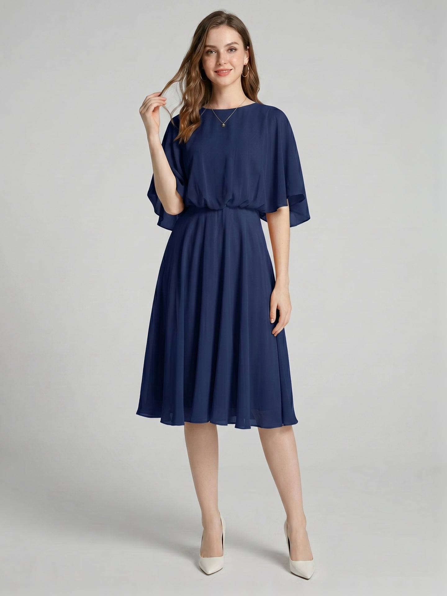Modest Navy Blue Chiffon A-Line Scoop Neck Backless with Pleated Knee-Length Bridesmaid Dress